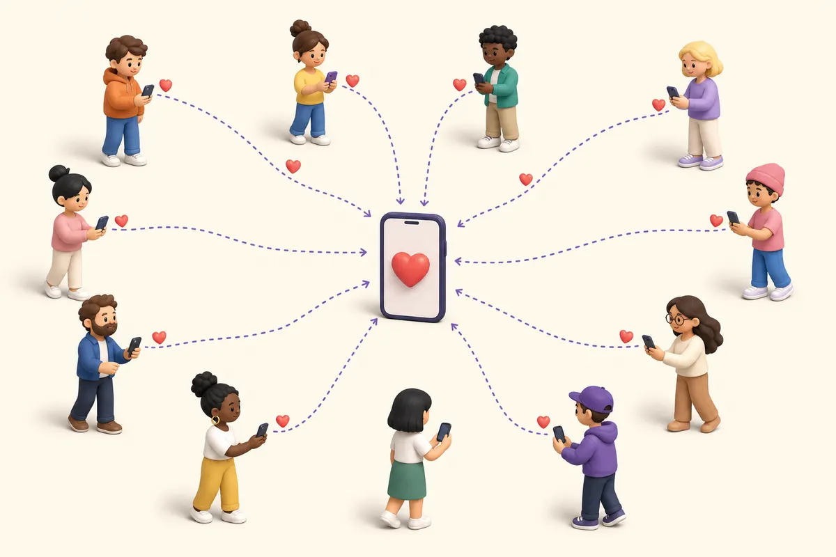 Ilustração: pessoas com o celular enviando corações para o mesmo perfil